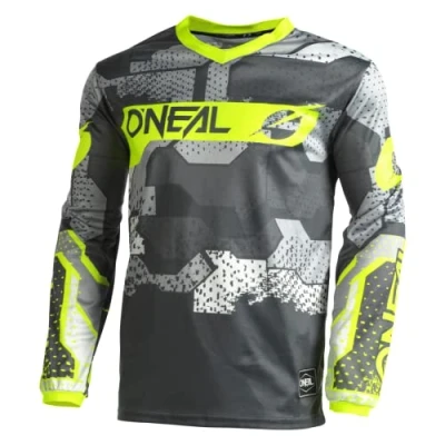 Abbildung von O&#039;NEAL Motocross Jersey Langarm MX Enduro Gepolsterter Ellbogenschutz, V Ausschnitt, atmungsaktiv Element Camo V.22 Erwachsene Grau Neon Gelb Größe M