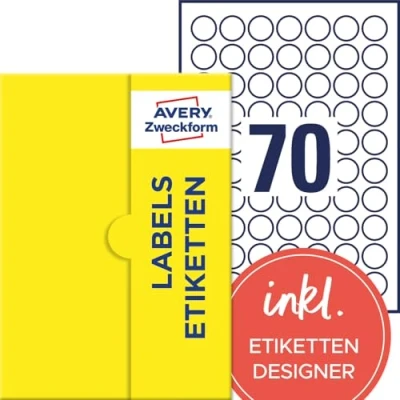 Abbildung von AVERY Zweckform P3414 100 runde Etiketten (7.000 Klebepunkte, Ø25mm auf A4, Aufkleber zum Bedrucken, selbstklebende Produktetiketten, permanent haftende Marmeladenetiketten) Blatt, weiß