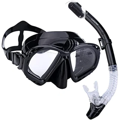 Abbildung von Supertrip Premium Schnorchelset Erwachsene Taucherbrille mit Schnorchel Tauchset Tauchmaske Kamera Halterung Tauchen Dry Schnorcheln Sett Colour Schwarz