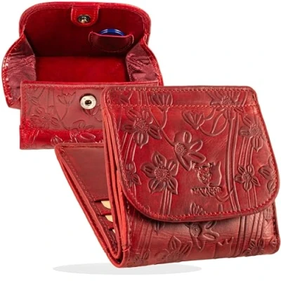 Abbildung von MATADOR Geldbörse Echt Leder Damen Klein Portemonnaie TüV geprüfter RFID Schutz Blumenprägung Rot Geldbeutel Dünne Portmonee Mini Geldtasche Herren Wiener Schachtel inkl Geschenkverpackung