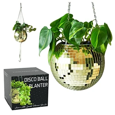 Abbildung von SCANDINORDICA discokugel blumentopf Spiegelkugel hängende blumentöpfe, diskokugel Pflanzen, deko übertopf makramee, Geschenk Freundin Disco Kugel pflanzentopf 20 cm Gold