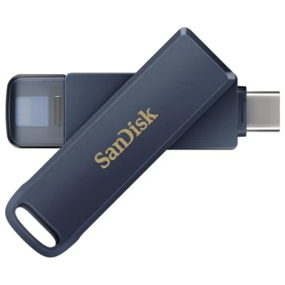 Abbildung von SanDisk Phone Drive, Flash Laufwerk 2 in 1, iPhone Speicher 128GB (Für iPhone, iPad, PC &amp; Mac, Automatisches Backup, Lightning und USB Type C Anschluss, Passortschutz, Verschlüsselung) Metallic Sky