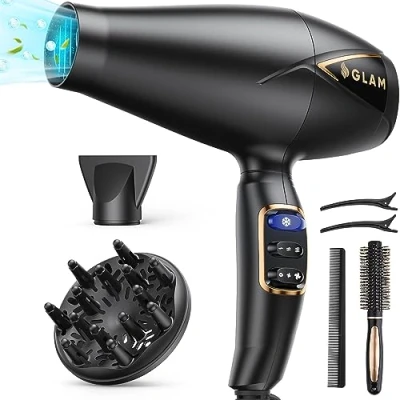 Abbildung von GLAM Profi Haartrockner, Föhn 2300W Leistungsstarker AC Motor Schnell trocknend Ionen Haartrockner mit 2 Geschwindigkeiten 3 Heiz, Cool Shot Taste 1 Diffusor &amp; Konzentrator für Multi Frisuren