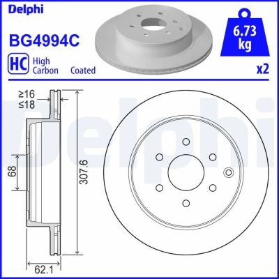 Abbildung von Bremsscheiben DELPHI BG4994C hinten, belüftet, voll, 2 Stück