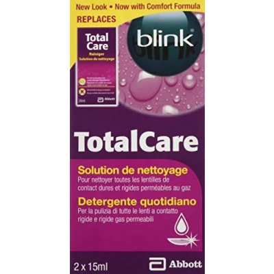 Abbildung von AMO blink TotalCare Reiniger Reinigungslösung zur täglichen Oberflächenreinigung von harten Kontaktlinsen 2 x 15 ml