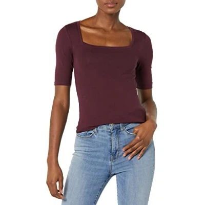 Abbildung von Amazon Essentials Damen Halbarm T Shirt mit eckigem Ausschnitt in schmaler Passform, Burgunderrot, XL