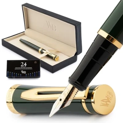 Abbildung von Wordsworth &amp; Black Füllfederhalter Set, breite 18 Karat Goldfeder, inklusive 24 Tintenpatronen, Kolbenkonverter und Geschenkbox, goldfarben, Kalligraphie, Grün
