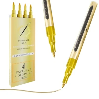 Abbildung von Pinturale Arts Set 4 Acrylstifte Gold Goldstift Metallic Acrylstift Feine Spitze 0,7mm Goldener Stift Für Holz, Glas, Steine, Keramik, Metall