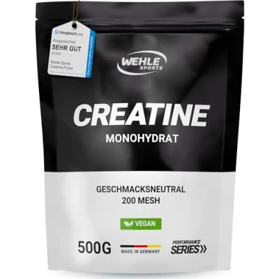 Abbildung von Creatin Monohydrat Pulver reines Kreatin mikronisierter Qualität Mesh 200 optimal hochdosiert 100% vegan Wehle Sports (500g)
