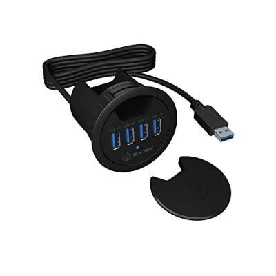 Abbildung von ICY BOX IB Hub1403 USB Tisch Hub (60 mm) zum Einbau, 4x 3.0 Anschlüsse, Kabeldurchführung, 5 V Stromanschluss Vorhanden, Schwarz