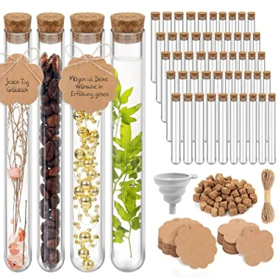 Abbildung von modacraft 50Stück Große Reagenzgläser mit Korken für Süßigkeiten Blumen Badesalz Gastgeschenke Hochzeit 25Stk. 30ml und 25ml Kunststoff Reagenzglas 60Stk. Anhänger 20m Juteschnur Trichter