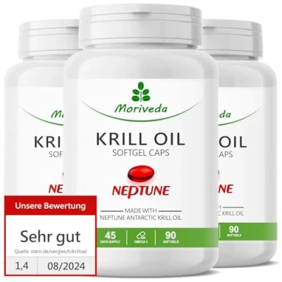 Abbildung von Krillöl Kapseln 1000mg Neptune Krill Öl im 135 Tages Vorrat Omega 3 6 9 EPA DHA Antioxidantien Vitamin E Cholin Phospholipide 3x 90 Softgels