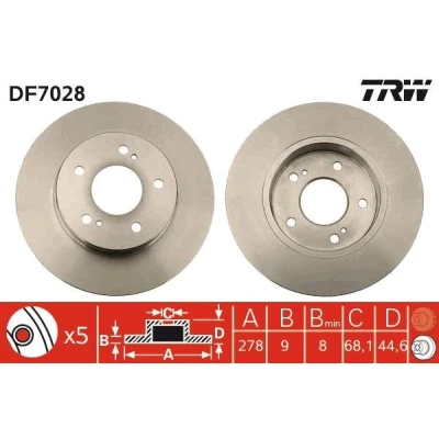 Abbildung von TRW DF7028 Bremsscheibe 278 9 5 114,3 voll lackiert NISSAN: Maxima IV QX Saloon