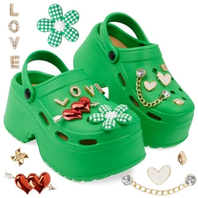 Abbildung von CityComfort Platform Clogs Damen, Sommerschuhe mit Ansteckern &amp; Schuh Schmuck (Grün, 38 39 EU)