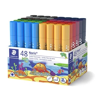 Abbildung von STAEDTLER Jumbo Fasermaler Noris, Ergonomischer Dicker Schaft, Attraktive Sternchenprägung, Strichbreite ca. 3 mm, leicht auswaschbar, Köcherpackung mit 48 Fasermalern, 328 B KP48
