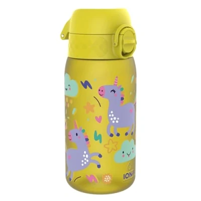 Abbildung von ion8 Kinder Trinkflasche, 350ml, Auslaufsicher, Einhandöffnung, Sichere Verriegelung, Spülmaschinenfest, BPA frei, Tragegriff, Klappdeckel, Leicht zu Reinigen, Klimaneutral, Gelb Einhörner
