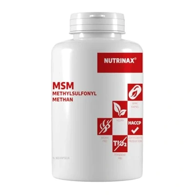 Abbildung von NUTRINAX MSM 365 vegane Kapseln 800mg 1600mg Methylsulfonylmethan pro Tagesdosis ohne Magnesiumstearat Zusätze hochdosiert vegan