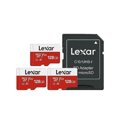 Abbildung von Lexar Micro SD Karte 128GB 3er Pack, Speicherkarte mit Adapter, Bis zu 100 MB/s Lesegeschwindigkeit, UHS I, U3, A1, V30, C10, 4K UHD microsdxc für Kamera, Smartphone