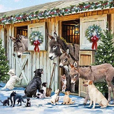 Abbildung von 20 Servietten Tiere besuchen sich im Winter Esel Hund Bauernhof Weihnachten Tischdeko Fest Feier basteln Decoupage Serviettentechnik 33x33cm