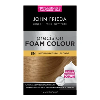 Abbildung von John Frieda Precision Foam Colour, Mittleres Blond, Permanente Coloration in Schaumform, Perfekte gleichmäßige Abdeckung, Für 1 Anwendung, Gelb, 130 ml (1er Pack)