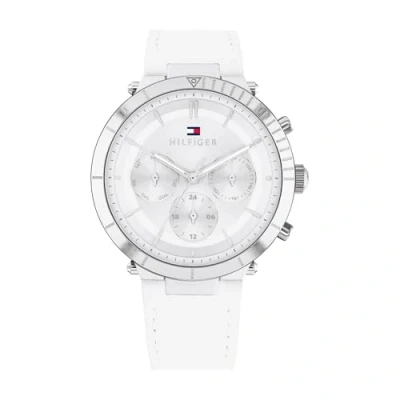 Abbildung von Tommy Hilfiger Multi Zifferblatt Quarz Uhr für Damen mit Weisses Lederarmband 1782352