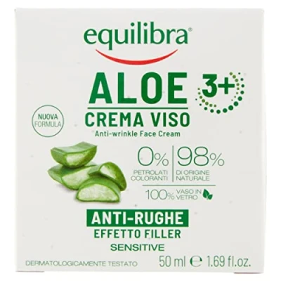 Abbildung von equilibra Gesicht, Aloe Anti Falten Gesichtscreme, Gesichtscreme mit Filler Effekt auf Basis von Vera und 3+, Creme, geeignet für empfindliche Haut, gegen Zeichen der Zeit,