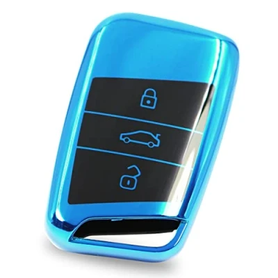 Abbildung von Autoschlüssel Hülle für 3 Tasten Auto Schlüssel TPU Schutzhülle Chrom Hochglanz Schlüsselhülle Cover Kfz Zubehör VD (Chrom Blau)