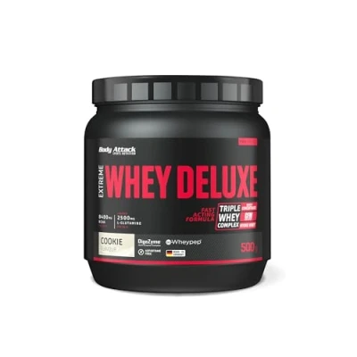 Abbildung von Body Attack Extreme Whey Deluxe Cookies n Cream, 500g Made in Germany Eiweißpulver mit Aminosäuren, Triple Complex, CFM Isolate, perfekt lösliches Protein Pulver, fettarm, zuckerarm