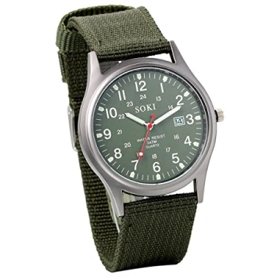 Abbildung von JewelryWe Herren Armbanduhr Kalender LED Licht Canvas Stoff Band Quarz Analog Uhr Grün Vatertagsgeschenk