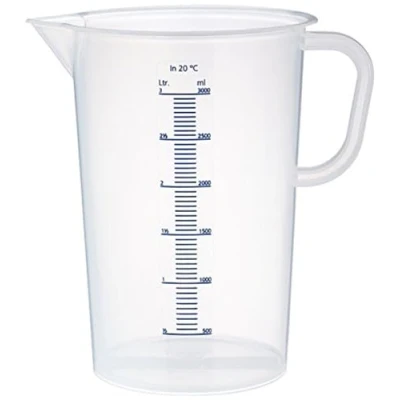 Abbildung von neoLab Messbecher 3000ml aus Polypropylen autoklavierbar Milchig transparenter Kunststoff 10ml Skalierung in blau Bruchsicher &amp; spülmaschinenfeste Messkanne mit Ausguss und Griff