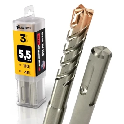 Abbildung von SDS Plus Hammerbohrer 4X Schneiden PGM Ø 5.5mm x 45mm AMBOSS Werkzeuge Crusher 4 HM Betonbohrer Hartmetall Profi Bohrer 5.5 mm 45 Steinbohrer Stahlbeton Mauerwerk Ziegel Kalksandstein