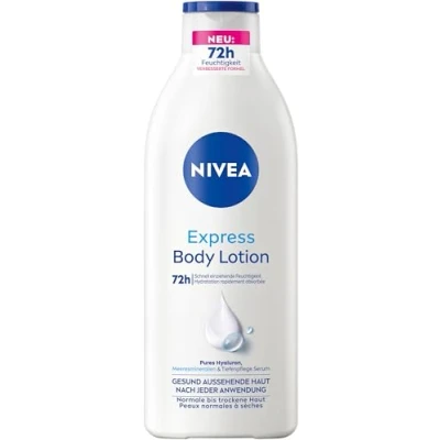 Abbildung von NIVEA Express Body Lotion, extra schnell einziehende Körperlotion, Körpercreme mit purem Hyaluron, Meeresmineralien und Tiefenpflege Serum (400 ml)