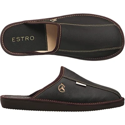 Abbildung von ESTRO Hausschuhe Herren Leder Herrenhausschuhe Hausschuh Männer Pantoffel Pantoffeln Pantoletten Slipper Mann Warm FROST (44 EU, Kakao)