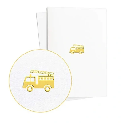 Abbildung von Gutschein Geschenkgutschein mit Feuerwehrauto in Goldfolienprägung auf Strukturiertem PapierGeburtstagskarte Feuerwehr Originell, Edle Einladungskarten, E23