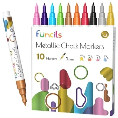 Abbildung von Funcils Kreidestifte für Tafel Abwaschbar 10 Metallic Stifte 1mm Extra Feine Spitze Kreide Stift Fenster, Tafel, Whiteboard &amp; als Glasstift. Chalk markers Erwachsene Kinder