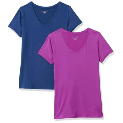 Abbildung von Amazon Essentials Damen Tech Stretch T Shirt mit kurzen Ärmeln und V Ausschnitt (erhältlich in Übergröße), 2er Pack, Marineblau/Orchideenviolett, XL