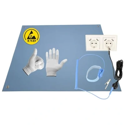 Abbildung von Minadax 60 x 30cm Antistatik ESD Computer Matte Tischmatte „Premiumqualität“ inkl. Manschette + 2,4m Verlängerung Handschuhe GR L