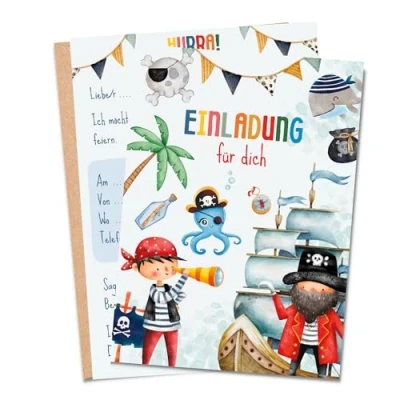 Abbildung von MeinBaby123® 10 Einladungskarten Kindergeburtstag Piraten Geburtstagseinladungen für Jungs inkl. Briefumschläge Premium Qualität (Piraten V1)
