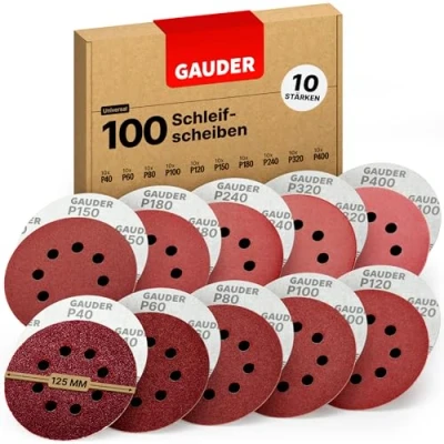 Abbildung von GAUDER Professional Schleifscheiben Set für Exzenterschleifer Ø 125mm 100 Stück Schleifpapier Klett 8 Loch Schleifblätter rund je 10 x 40/60/80/100/120/150/180/240/320/400 Körnung