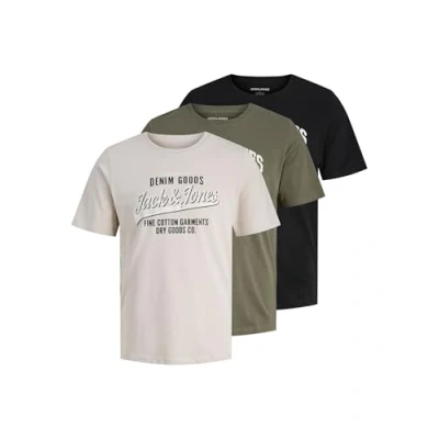 Abbildung von Jack &amp; Jones CREW NECK 3 pack Tshirt print, Herren, Größe: XXL, Dusty olive wmoonbeam black