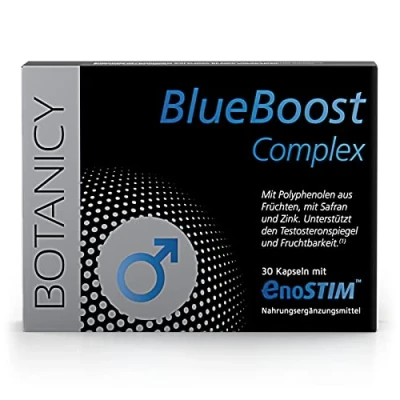 Abbildung von BOTANICY Blue Boost Complex mit Safran, OPC, Maca, Zink, Ginseng, L Arginin, Selen und Vitamin B6, für männliche Vitalität, Potenz Libido (30 Kapseln, Monatspack)