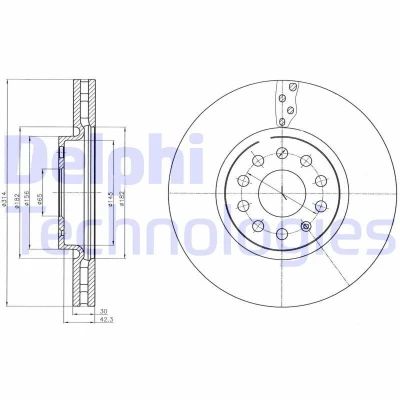 Abbildung von DELPHI BG4330C Bremsscheibe 314 30 5 Belüftet beschichtet hochgekohlt ohne Radlager, ABS Sensorring VOLKSWAGEN: Sharan II, Tiguan II
