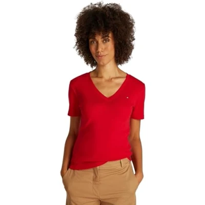 Abbildung von Tommy Hilfiger Damen T Shirt Kurzarm New Slim Cody V Ausschnitt, Rot (Primary Red), XS
