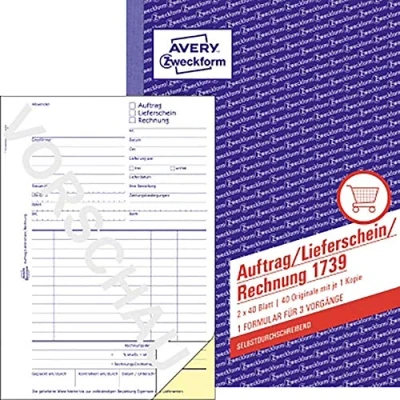 Abbildung von AVERY Zweckform 1739 Auftrag/Lieferschein/Rechnung Kombinationsbuch (A5, 2x40 Blatt, selbstdurchschreibend mit farbigem Durchschlag, Unterschriftenfeld für Auftraggeber) weiß/gelb
