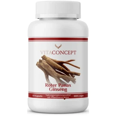 Abbildung von Roter Panax Ginseng Extrakt 600 mg (20% Ginsenoside) echter koreanischer vegan 120 Kapseln laborgeprüft VITACONCEPT