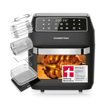 Abbildung von GOURMETmaxx Heißluftfritteuse 12 L Airfryer Fritteuse mit 9 Funktionen, Touchdisplay, Dreh &amp; Schaschlikspießen 10 Programme inkl. Pizza Minibackofen 1700 W nahezu ohne Öl