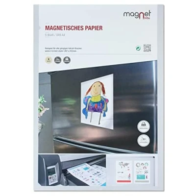 Abbildung von 5er Set Magnetpapier I weiß DIN A4 DIY magnetische Rückseite mit gängigem Inkjet Drucker bedruckbar zum Beschriften, bedrucken oder als magnetisches Foto Papier mag_250