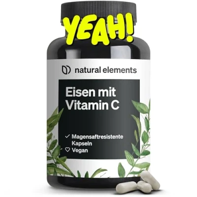 Abbildung von Eisen 20mg (aus Eisenbisglycinat) pro Kapsel mit 42mg natürlichem Vitamin C ﻿vegan, ﻿geschmacksneutral 180 magensaftresistente Kapseln Premium Rohstoff: FerrochelTM (Eisen Chelat)