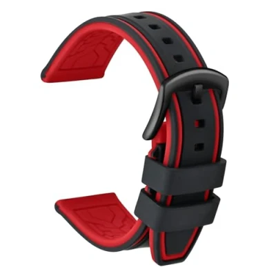 Abbildung von ULLCHRO Unisex Kautschuk Armband mit Gebürstete Edelstahl Silber Schnalle 22mm Schwarz Rot
