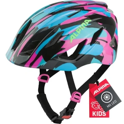Abbildung von ALPINA PICO FLASH Beleuchteter, Leichter &amp; Bruchfester Fahrradhelm Mit Fliegennetz Für Kinder, neon blue pink gloss, 50 55 cm